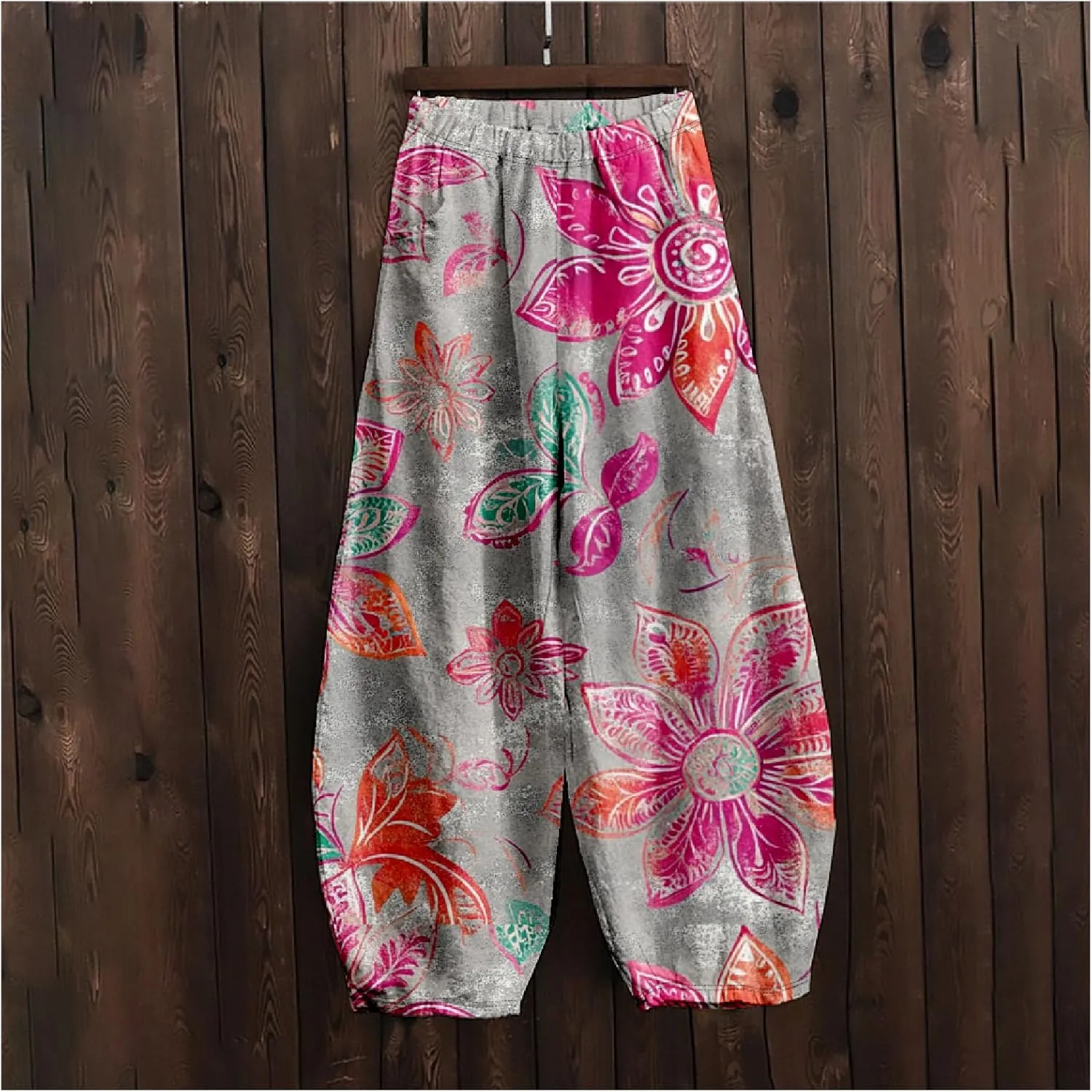 ZOCAVIA Cotton Linen Pants for Women Summer Causal Baggy Wide Leg Pants Waist Elastic Relax Fit Lantern Trouser with Pockets