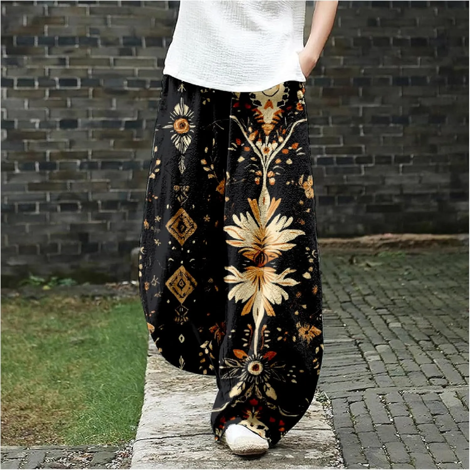 ZOCAVIA Cotton Linen Pants for Women Summer Causal Baggy Wide Leg Pants Waist Elastic Relax Fit Lantern Trouser with Pockets