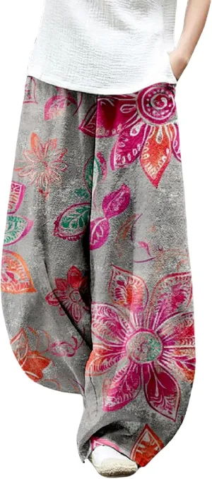 ZOCAVIA Cotton Linen Pants for Women Summer Causal Baggy Wide Leg Pants Waist Elastic Relax Fit Lantern Trouser with Pockets