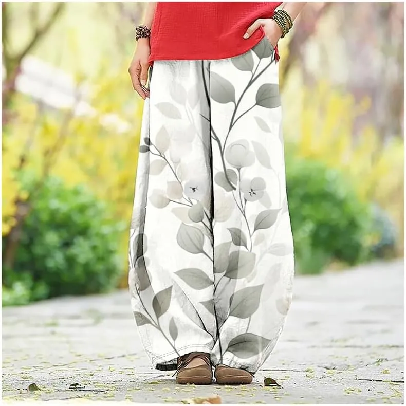 ZOCAVIA Japanese Style Lantern Pants for Women Summer Baggy Boho Floral Wide Leg Pants Elastic Hippie Trouser with Pockets